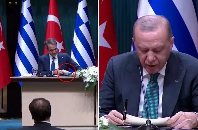 Cumhurbaşkanı Erdoğan’la görüşen Miçotakis’in hareketi basın toplantısına damga vurdu