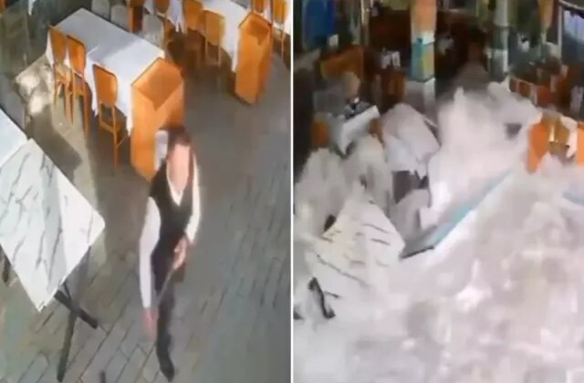 Dev dalgalar koca restoranı böyle yuttu