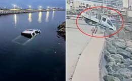 Dönüşü alamayan zabıta aracı denize böyle uçtu