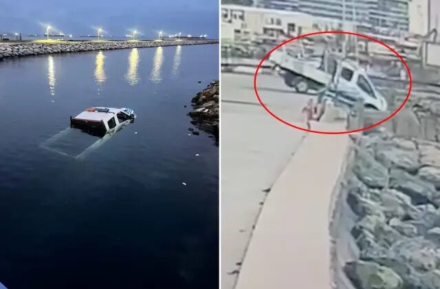 Dönüşü alamayan zabıta aracı denize böyle uçtu