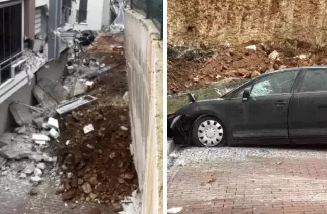 Faciadan dönüldü! İstinat duvarı araçların üzerine çöktü