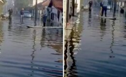 Göle dönen yolda kano ile ilerledi