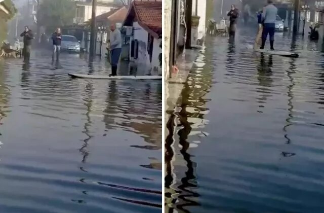 Göle dönen yolda kano ile ilerledi