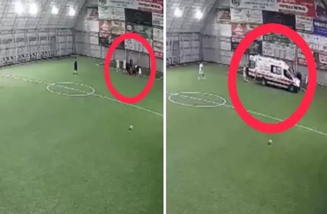 Halı sahada kalp krizi geçiren öğretmenin yere yığıldığı anlar kameralarda