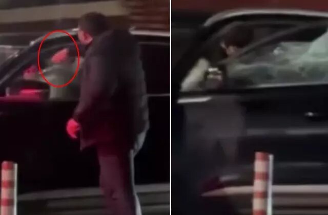 Kadının bulunduğu cipin ön camını yumrukla kırdı! Vatandaşlar film gibi izledi