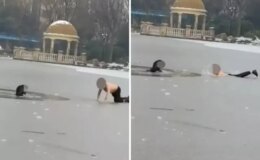 Kahramana adam, buzlu göle düşen çocuğu kurtardı