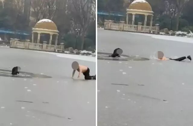 Kahramana adam, buzlu göle düşen çocuğu kurtardı