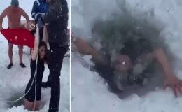 Kars’ta bir kadın Çıldır Gölü’nün buz gibi suyuna girdi