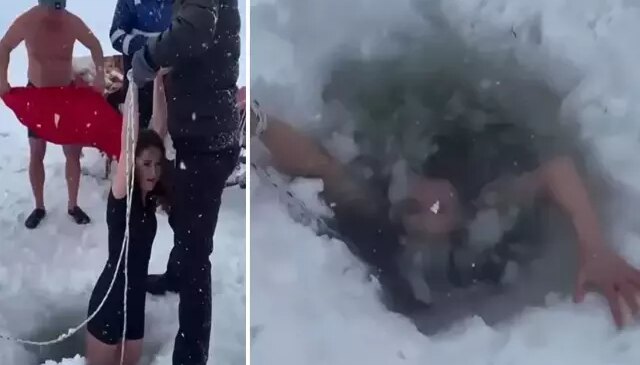 Kars’ta bir kadın Çıldır Gölü’nün buz gibi suyuna girdi