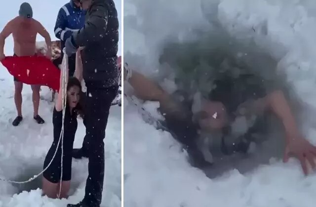 Kars’ta bir kadın Çıldır Gölü’nün buz gibi suyuna girdi