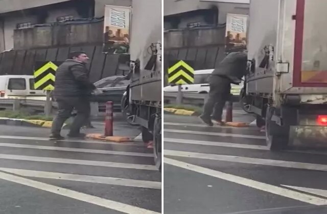 Küçükçekmece’de trafikte ‘kaynak’ tartışması! Otomobil sürücüsü kamyoneti yumrukladı