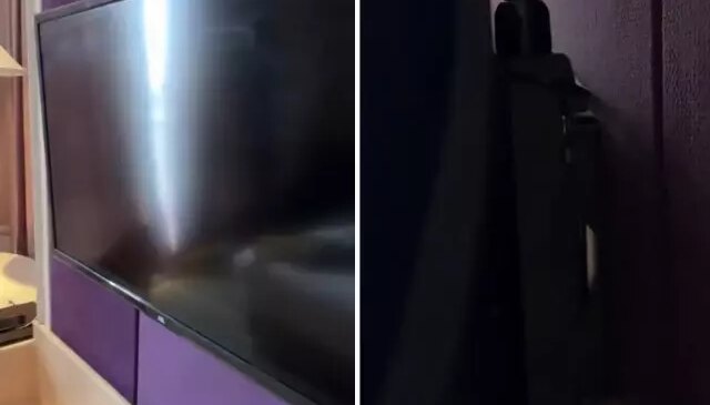 Otel odasında, televizyonun arkasına bakan adam, hayatının şokunu yaşadı.