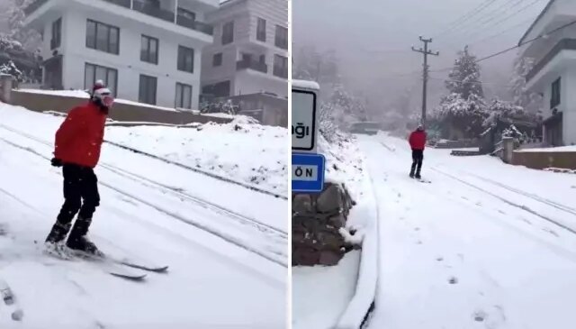 Şehir merkezinde kayak yaptı