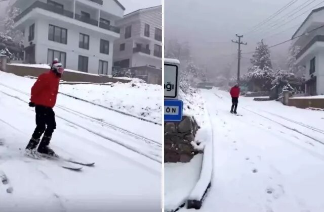 Şehir merkezinde kayak yaptı