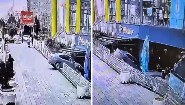 Sürücüsünün fren yerine gaza bastığı otomobil, AVM’de kafeye daldı