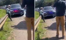 Trafiği atlatmaya çalışan çakarlı hükümet aracının önünü kesti