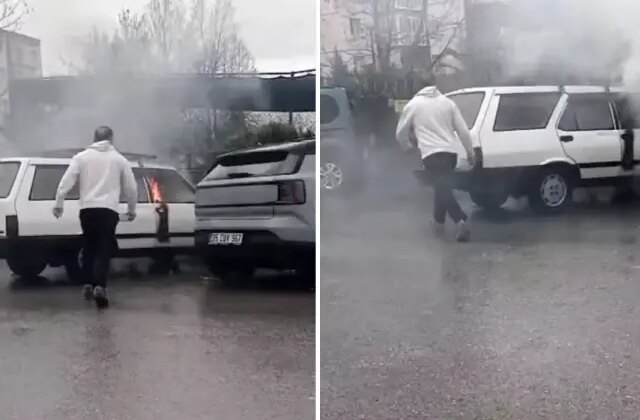 Yanan otomobile yol kenarındaki su birikintisinden doldurduğu kovayla müdahale etti