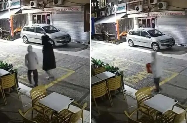 Yanındaki çocuğa dükkanın önündeki paspas ve kovayı çaldırdı; o anlar kamerada