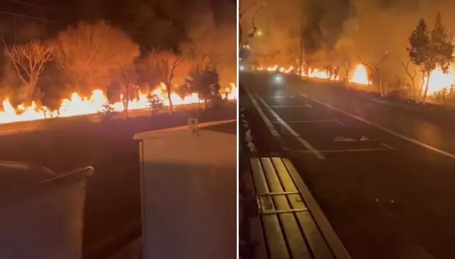 Petrol deposu vuruldu, sızan yakıt otoyol boyunca alev alev yandı