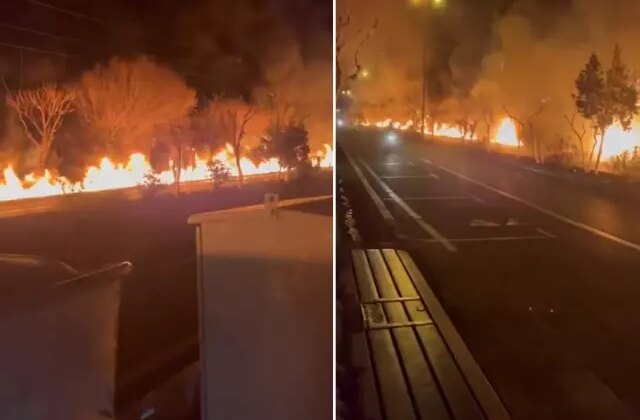 Petrol deposu vuruldu, sızan yakıt otoyol boyunca alev alev yandı