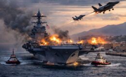 ABD’nin dev uçak gemisi yangın sonrası Girit’teki limana çekiliyor