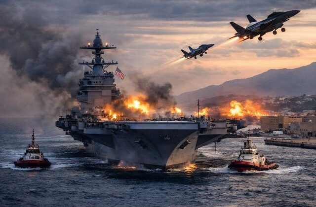 ABD’nin dev uçak gemisi yangın sonrası Girit’teki limana çekiliyor