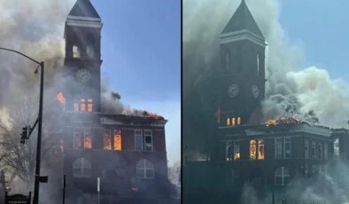 ABD’de 134 yıllık tarihi binada yangın! Saat kulesi çöktü