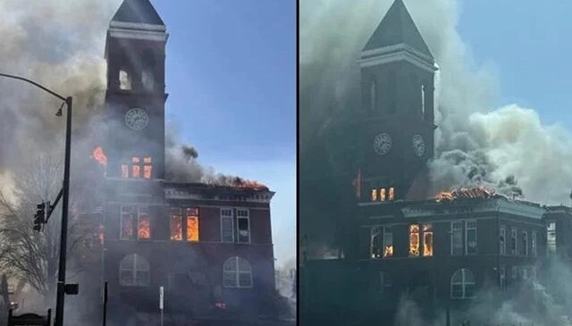 ABD’de 134 yıllık tarihi binada yangın! Saat kulesi çöktü