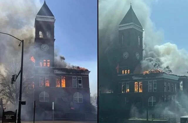 ABD’de 134 yıllık tarihi binada yangın! Saat kulesi çöktü