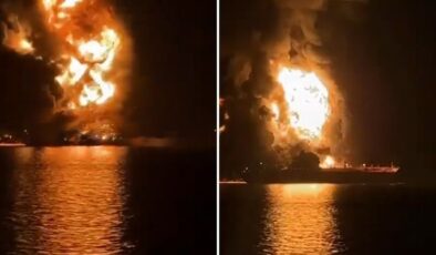 Basra açıklarında vurulan petrol tankeri cayır cayır yandı