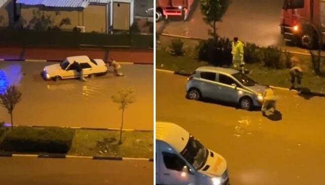 Hatay’da aşırı yağışların etkisiyle, göle dönen yollarda araçlar mahsur kaldı