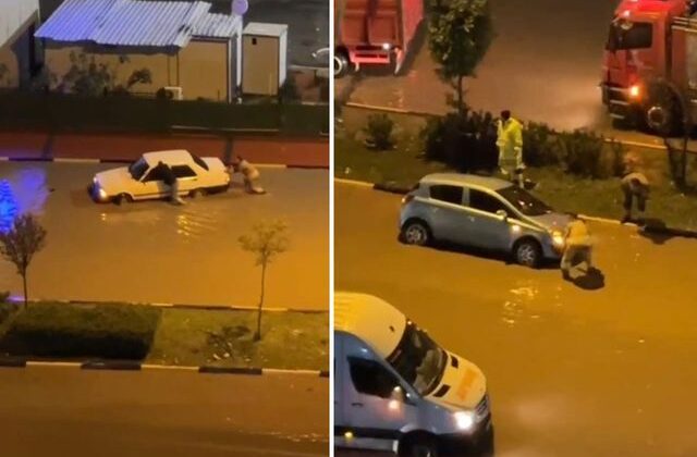 Hatay’da aşırı yağışların etkisiyle, göle dönen yollarda araçlar mahsur kaldı