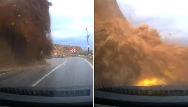 Heyelan otomobili böyle yuttu! Her şey 3 saniye sürdü