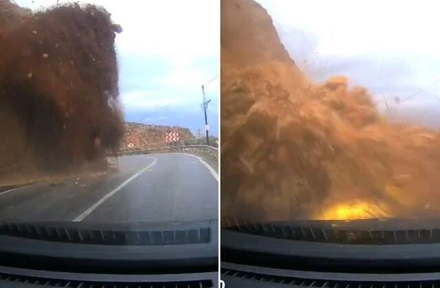 Heyelan otomobili böyle yuttu! Her şey 3 saniye sürdü