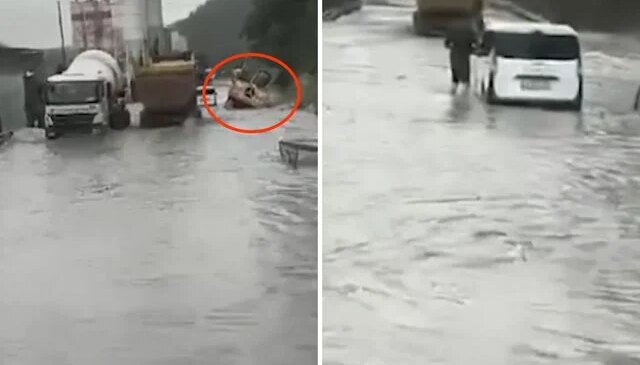 Kemerburgaz yolu göle döndü, koca kamyon sulara kapıldı