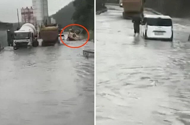 Kemerburgaz yolu göle döndü, koca kamyon sulara kapıldı