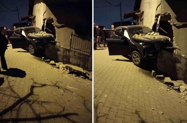 Kontrolden çıkan otomobil, yıktığı istinat duvarında asılı kaldı