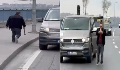 Motokuryenin üzerine çekiçle yürüyen minibüs şoförü kaydedildiğini görünce çark etti