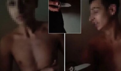 Dehşete düşüren görüntü: Bir kadın, biri yarı çıplak diğeri bıçaklı iki erkek