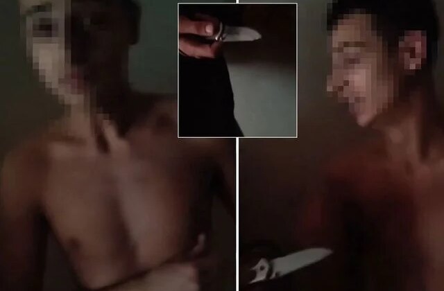 Dehşete düşüren görüntü: Bir kadın, biri yarı çıplak diğeri bıçaklı iki erkek