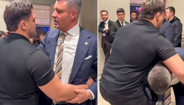 Sadettin Saran, dünya şampiyonu güreşçi Rıza Kayaalp’ı kaldırıp fırlatmaya çalıştı