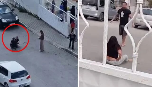 Sokak ortasında karısını dövdü, okuldaki çocuklar izledi