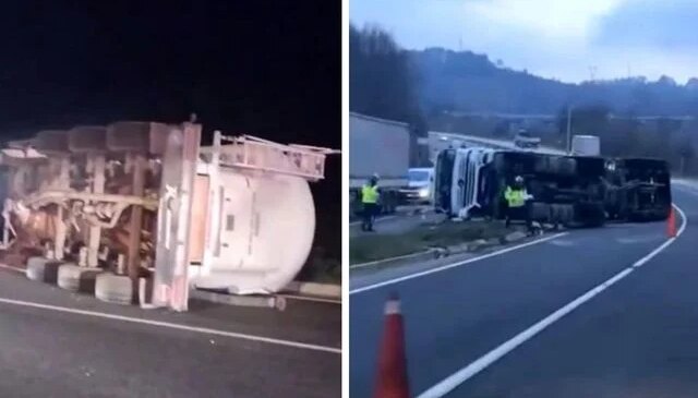 Virajı alamayan çimento tankeri devrildi! 1 yaralı