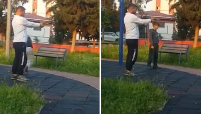 Parkta çocuğa oyuncak silahla atış talimi yaptırdı