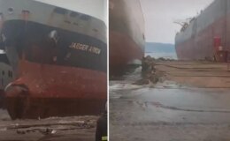 Dev gemi Aliağa açıklarında karaya oturdu