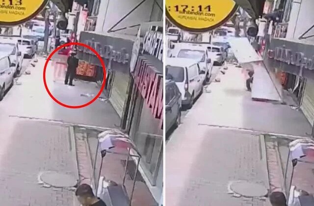 Gaziosmanpaşa’da takmaya çalıştığı tabelayla kaldırımda bekleyen kişinin üzerine düştü