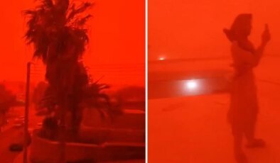 Afrika’dan gelen çöl tozu sonucu Girit Adası’nda gökyüzü kırmızıya büründü