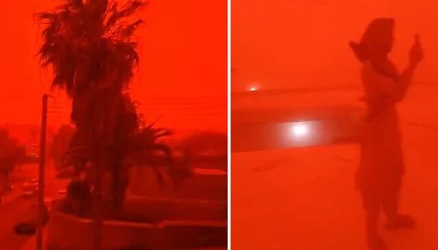 Afrika’dan gelen çöl tozu sonucu Girit Adası’nda gökyüzü kırmızıya büründü