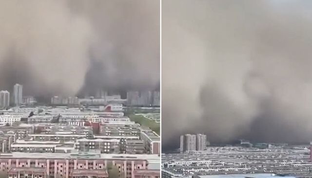 Görüntü Çin’in Sincan bölgesinden! Devasa bir toz bulutu oluştu