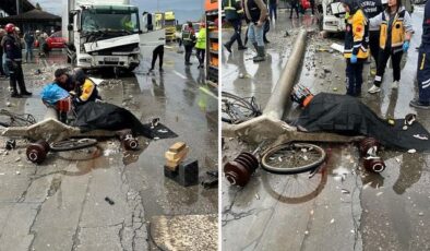 Kazada kamyonun devirdiği beton elektrik direğinin altında kalan bisikletli öldü